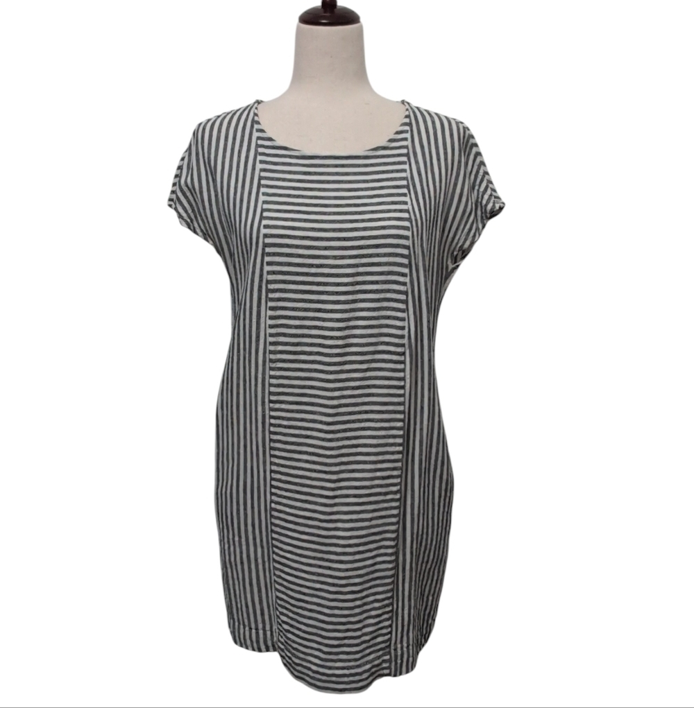 Madewell Courier Button-Back Striped Linen Blend Dress XS Black White G5305